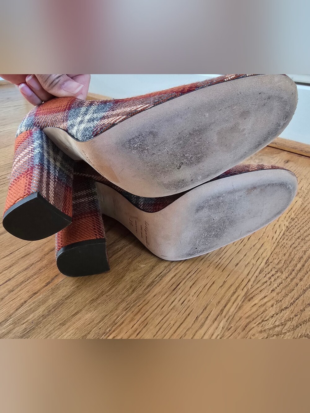 Bettye Muller Orange and Gray Plaid Block Heel Pumps - Picture 7 of 12